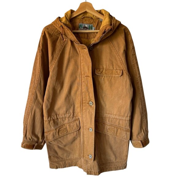 Vtg EMS Canvas Chore Barn Coat Sm Hooded Pockets Thick Lined Internal drawstring - Picture 1 of 16